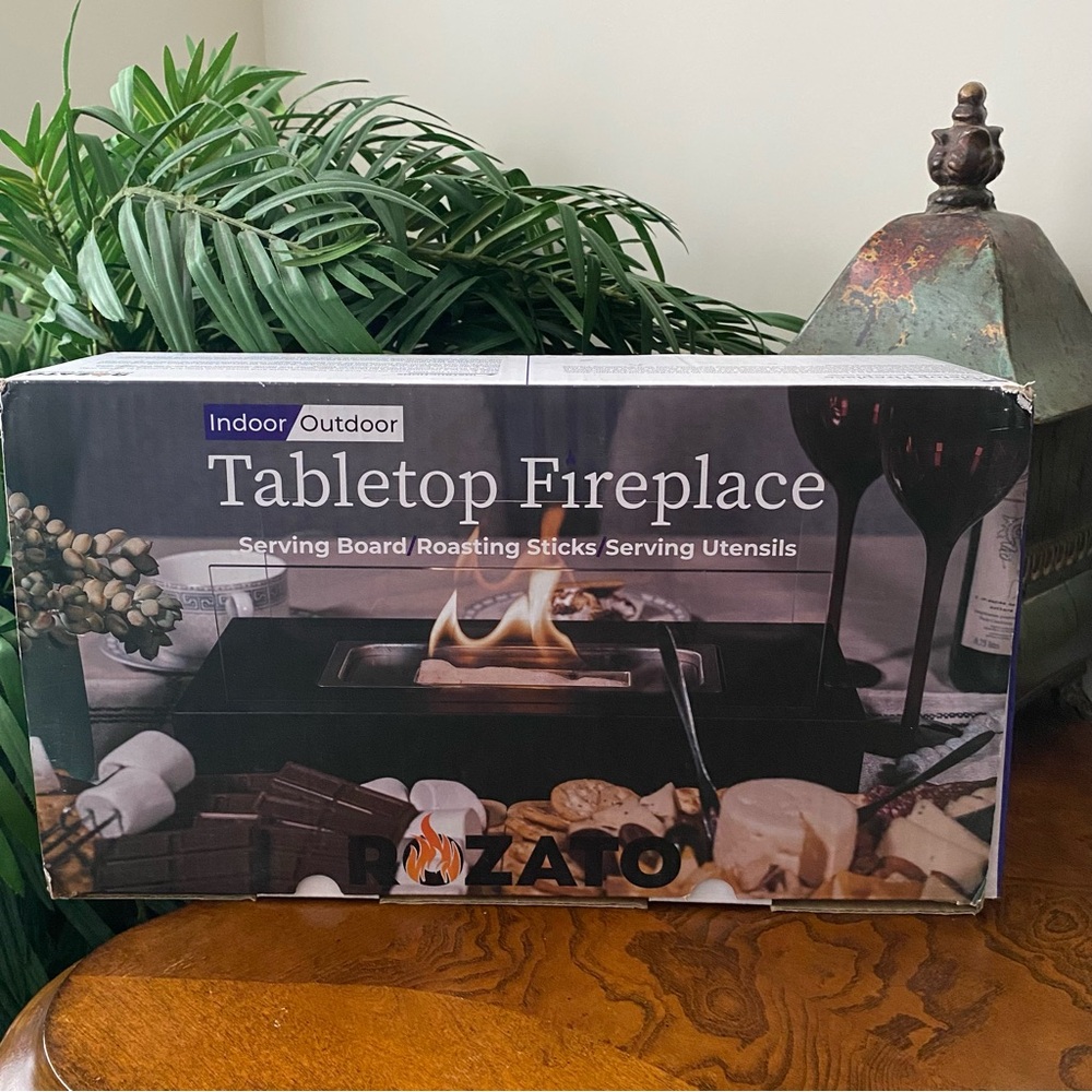 ROZATO Indoor Outdoor Tabletop Fireplace Fire Pit & Serving Board & Utensils